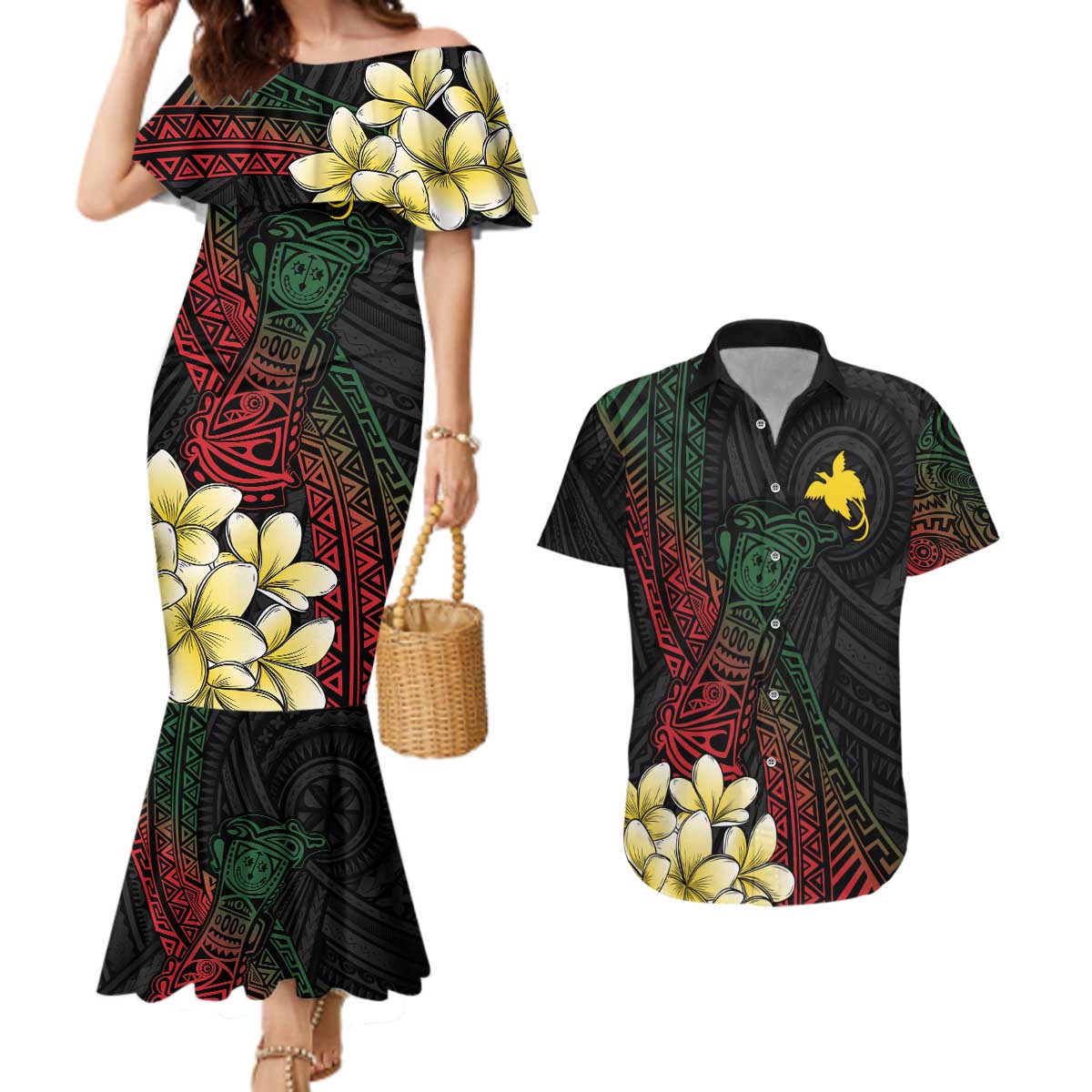 Personalized Papua New Guinea Couples Matching Mermaid Dress and Hawaiian Shirt Kundu Drum Motifs - Sepik Colors