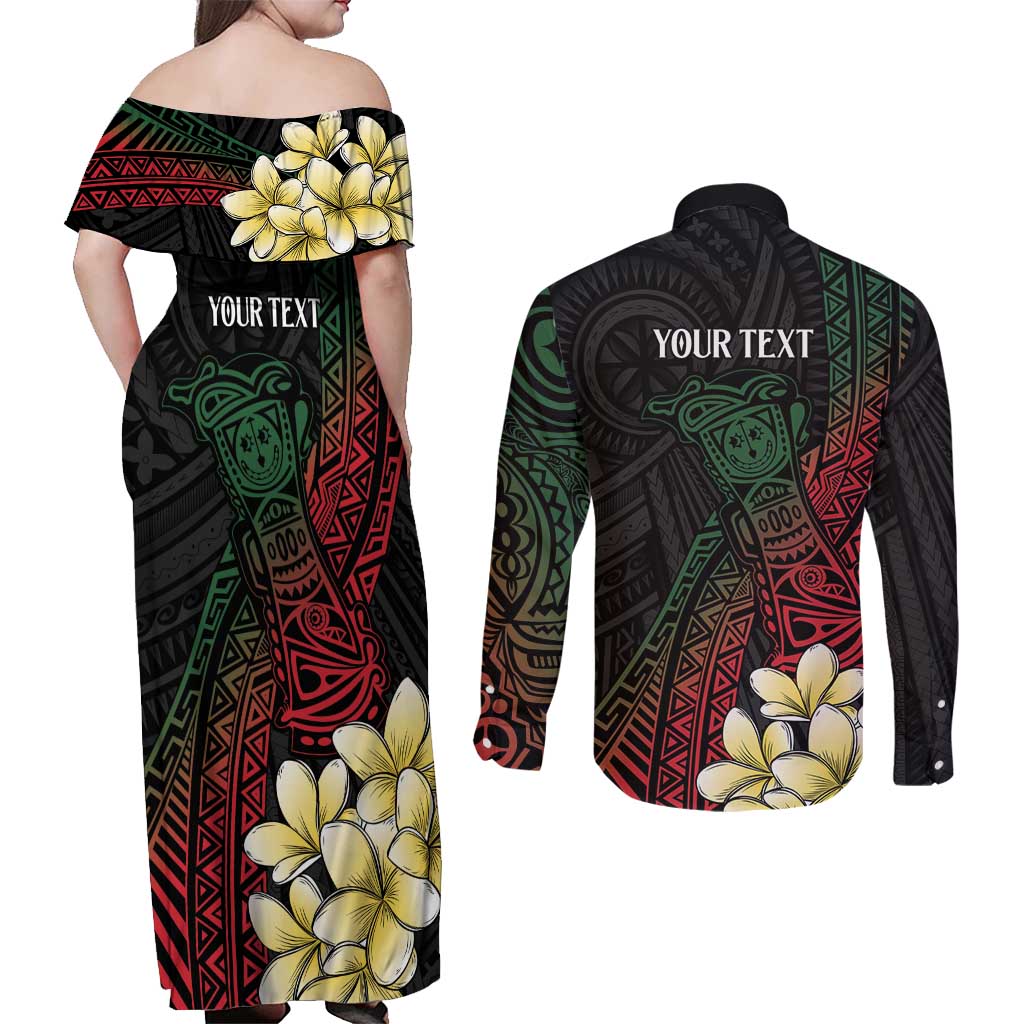 Personalized Papua New Guinea Couples Matching Off Shoulder Maxi Dress and Long Sleeve Button Shirt Kundu Drum Motifs - Sepik Colors