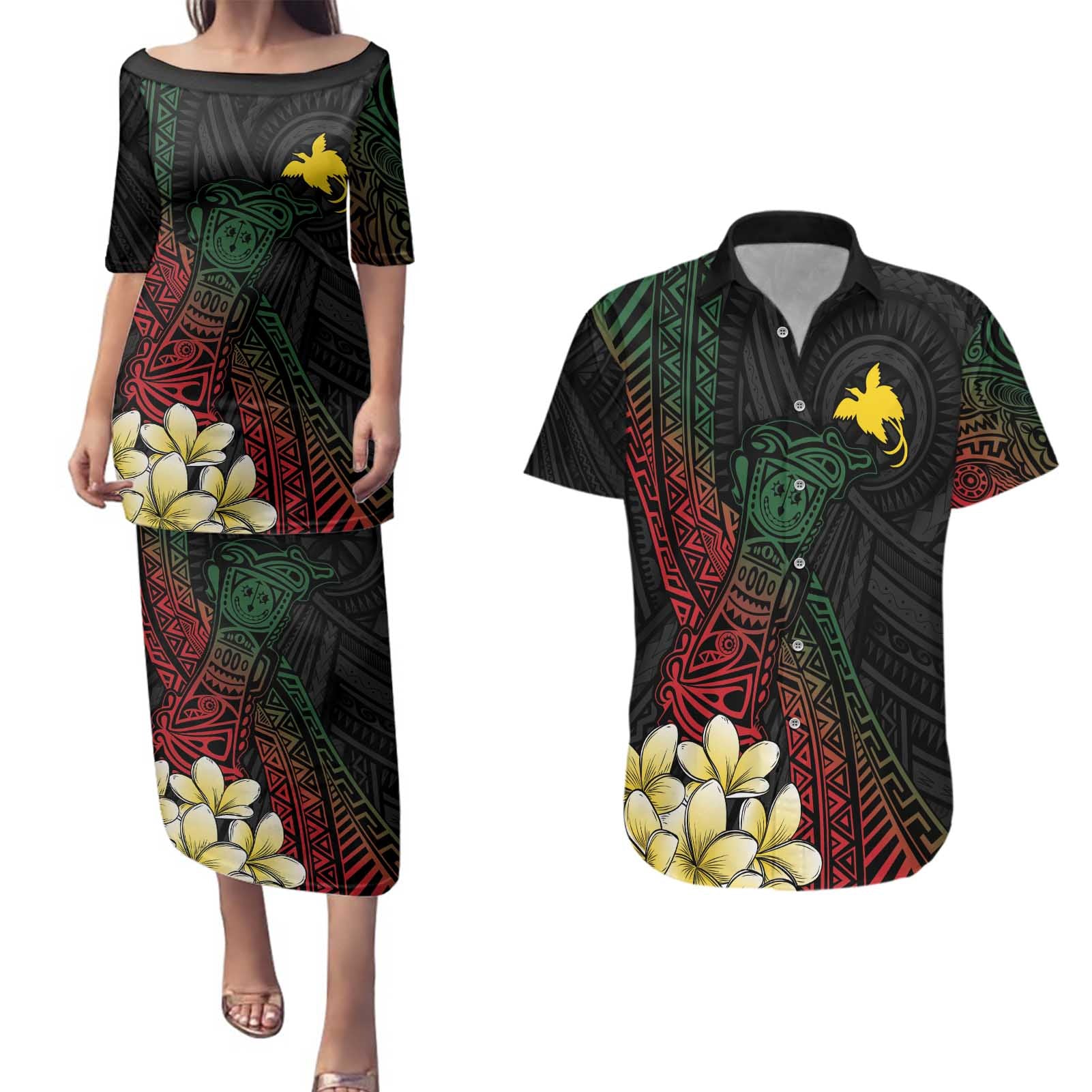 Personalized Papua New Guinea Couples Matching Puletasi and Hawaiian Shirt Kundu Drum Motifs - Sepik Colors