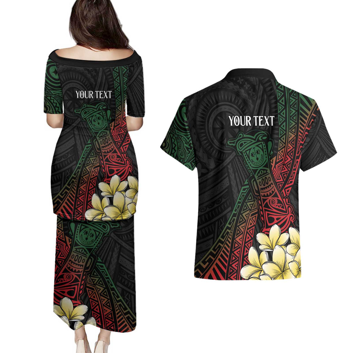 Personalized Papua New Guinea Couples Matching Puletasi and Hawaiian Shirt Kundu Drum Motifs - Sepik Colors