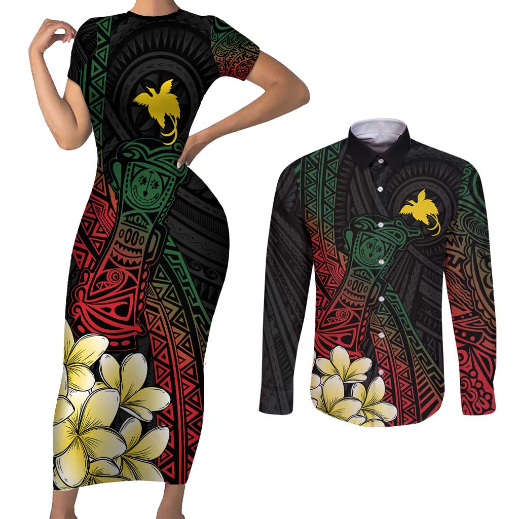 Personalized Papua New Guinea Couples Matching Short Sleeve Bodycon Dress and Long Sleeve Button Shirt Kundu Drum Motifs - Sepik Colors