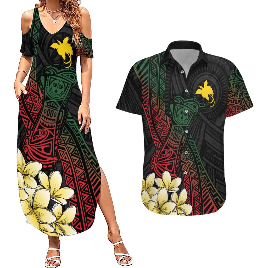 Personalized Papua New Guinea Couples Matching Summer Maxi Dress and Hawaiian Shirt Kundu Drum Motifs - Sepik Colors