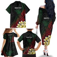 Personalized Papua New Guinea Family Matching Off The Shoulder Long Sleeve Dress and Hawaiian Shirt Kundu Drum Motifs - Sepik Colors