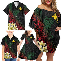 Personalized Papua New Guinea Family Matching Off Shoulder Short Dress and Hawaiian Shirt Kundu Drum Motifs - Sepik Colors