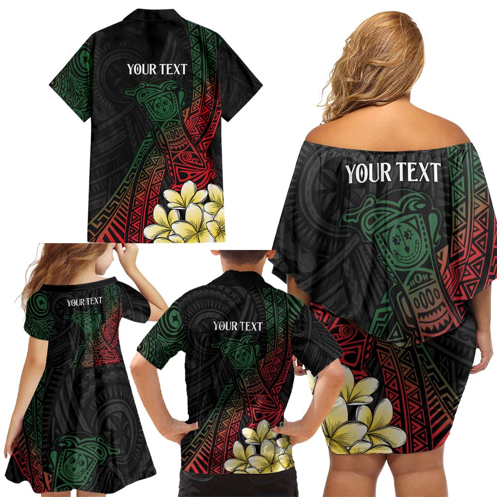 Personalized Papua New Guinea Family Matching Off Shoulder Short Dress and Hawaiian Shirt Kundu Drum Motifs - Sepik Colors