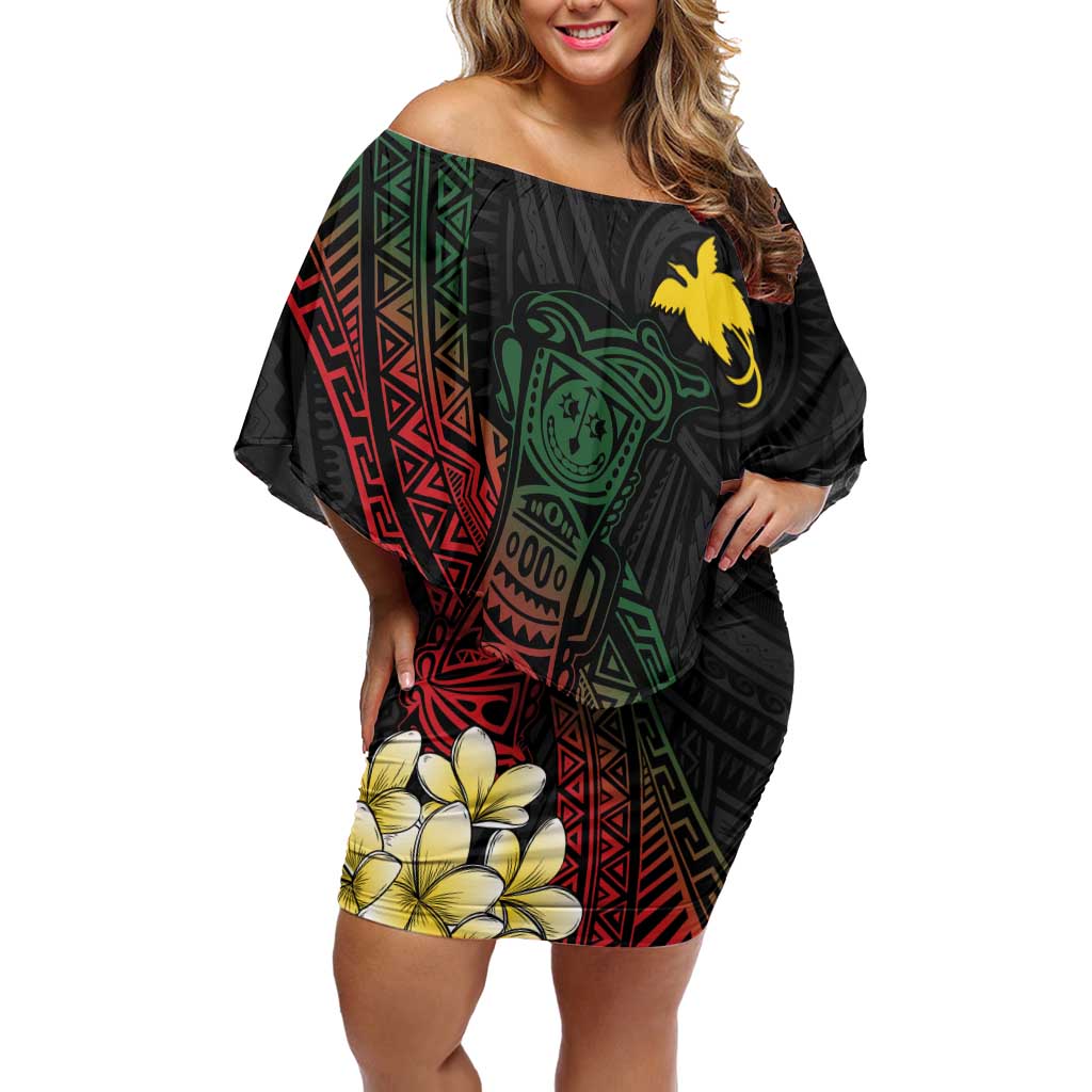 Personalized Papua New Guinea Family Matching Off Shoulder Short Dress and Hawaiian Shirt Kundu Drum Motifs - Sepik Colors