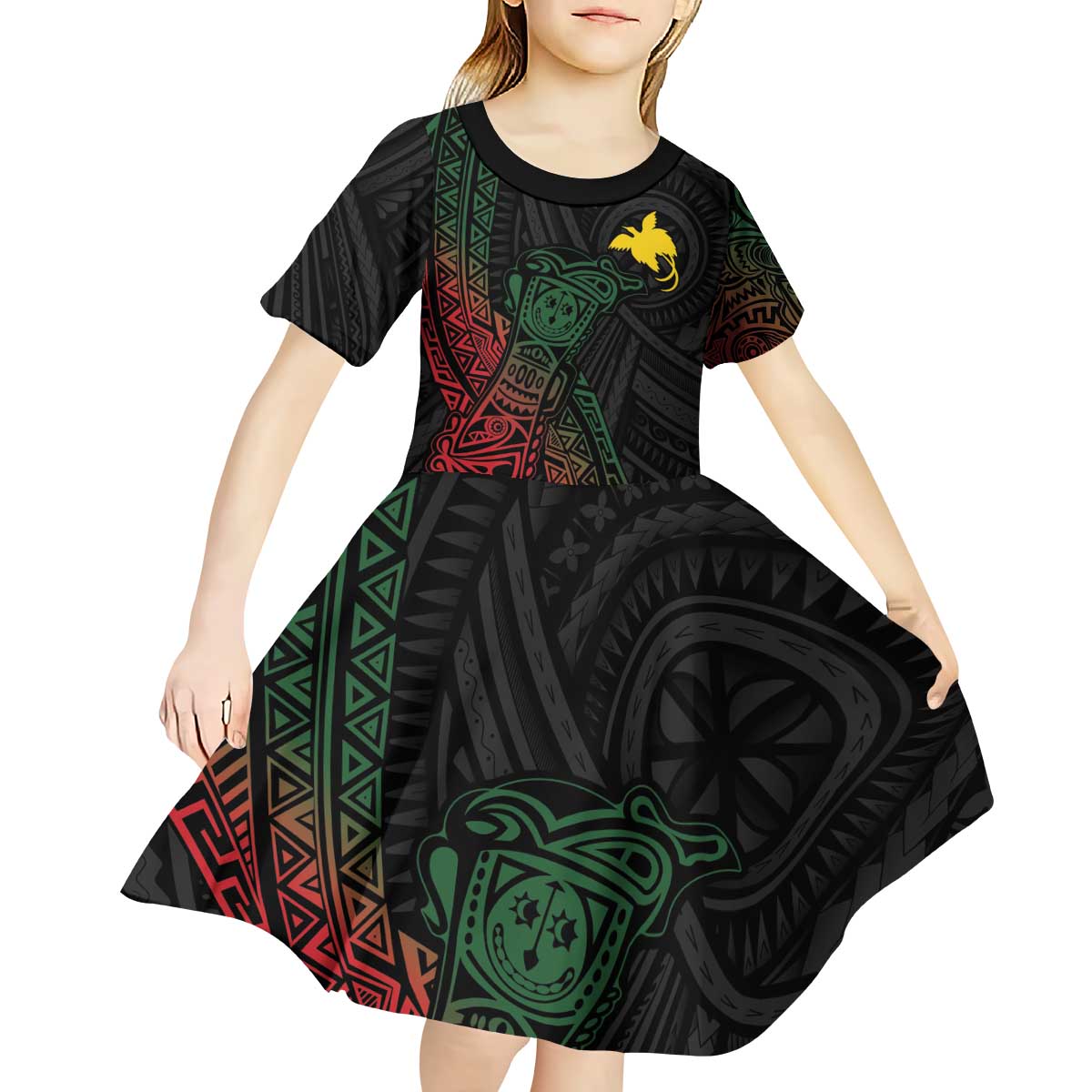 Personalized Papua New Guinea Kid Short Sleeve Dress Kundu Drum Motifs - Sepik Colors