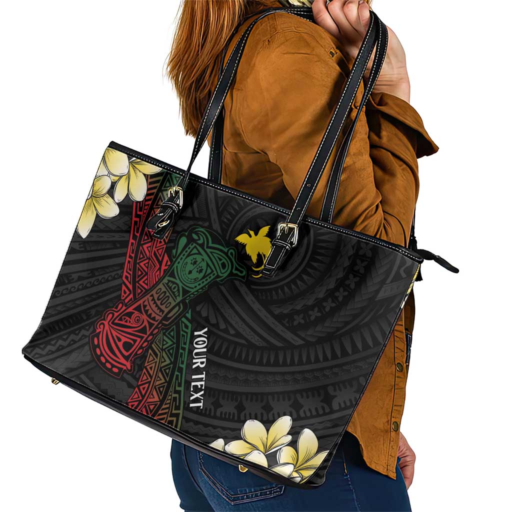 Personalized Papua New Guinea Leather Tote Bag Kundu Drum Motifs - Sepik Colors