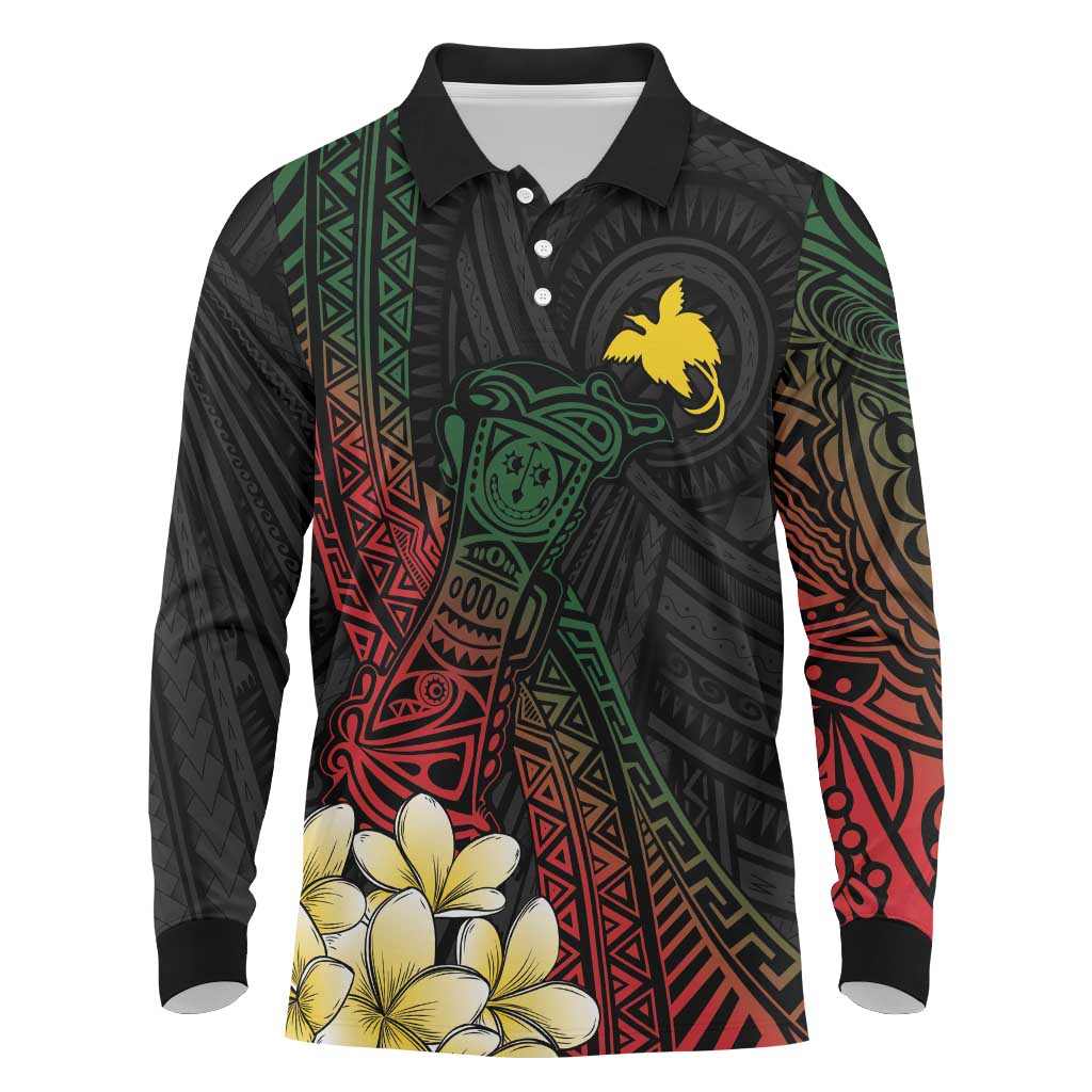 Personalized Papua New Guinea Long Sleeve Polo Shirt Kundu Drum Motifs - Sepik Colors