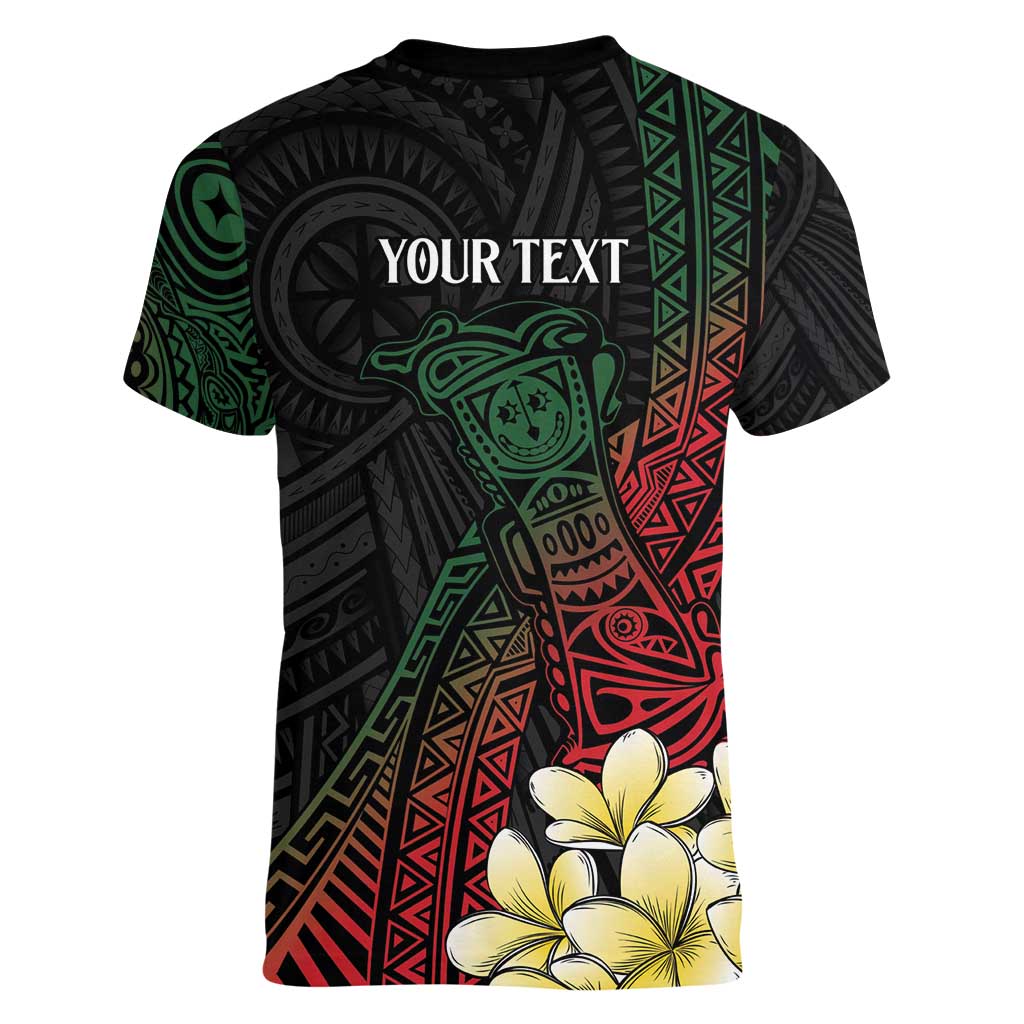 Personalized Papua New Guinea Women V-Neck T-Shirt Kundu Drum Motifs - Sepik Colors