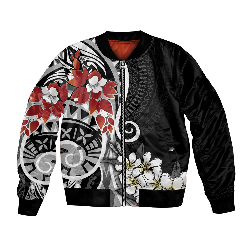 Bula Fiji Tagimaucia Mix Plumeria Masi Tapa Bomber Jacket Black LT7 Unisex Black - Polynesian Pride