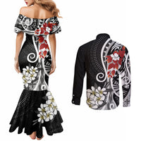 Bula Fiji Tagimaucia Mix Plumeria Masi Tapa Couples Matching Mermaid Dress and Long Sleeve Button Shirt Black LT7 - Polynesian Pride