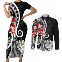 Bula Fiji Tagimaucia Mix Plumeria Masi Tapa Couples Matching Short Sleeve Bodycon Dress and Long Sleeve Button Shirt Black LT7 Black - Polynesian Pride