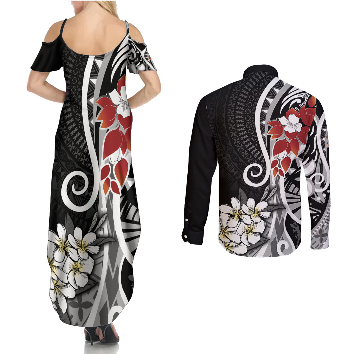 Bula Fiji Tagimaucia Mix Plumeria Masi Tapa Couples Matching Summer Maxi Dress and Long Sleeve Button Shirt Black LT7 - Polynesian Pride