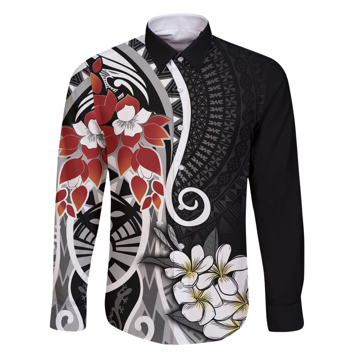 Bula Fiji Tagimaucia Mix Plumeria Masi Tapa Family Matching Long Sleeve Bodycon Dress and Hawaiian Shirt Black LT7 Dad's Shirt - Long Sleeve Black - Polynesian Pride