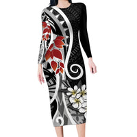 Bula Fiji Tagimaucia Mix Plumeria Masi Tapa Family Matching Long Sleeve Bodycon Dress and Hawaiian Shirt Black LT7 Mom's Dress Black - Polynesian Pride