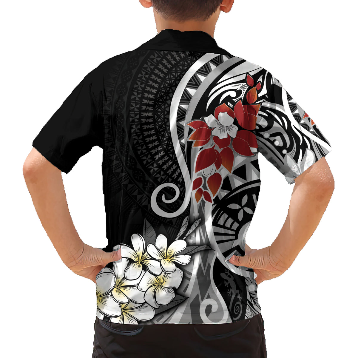 Bula Fiji Tagimaucia Mix Plumeria Masi Tapa Kid Hawaiian Shirt Black LT7 - Polynesian Pride