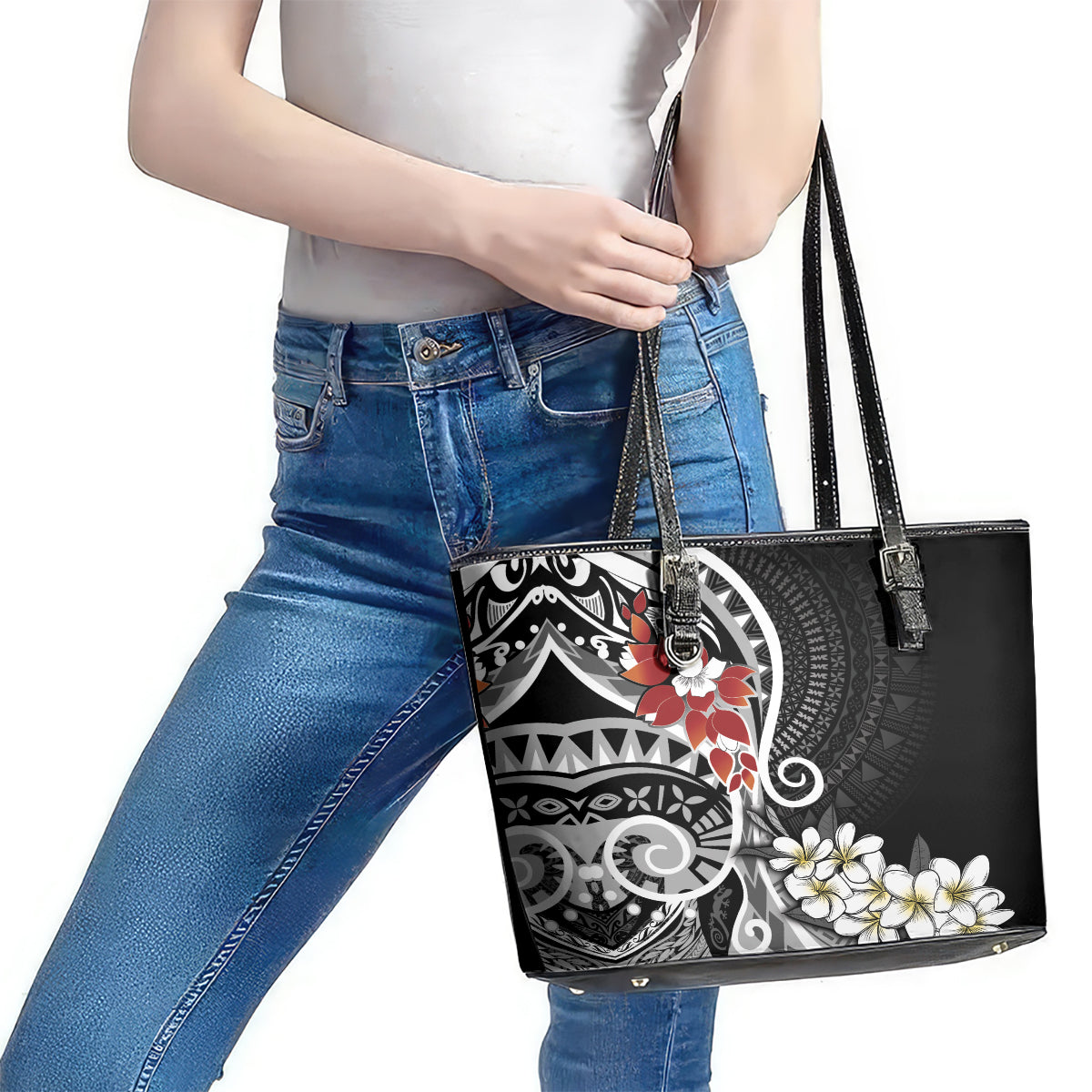 Bula Fiji Tagimaucia Mix Plumeria Masi Tapa Leather Tote Bag Black