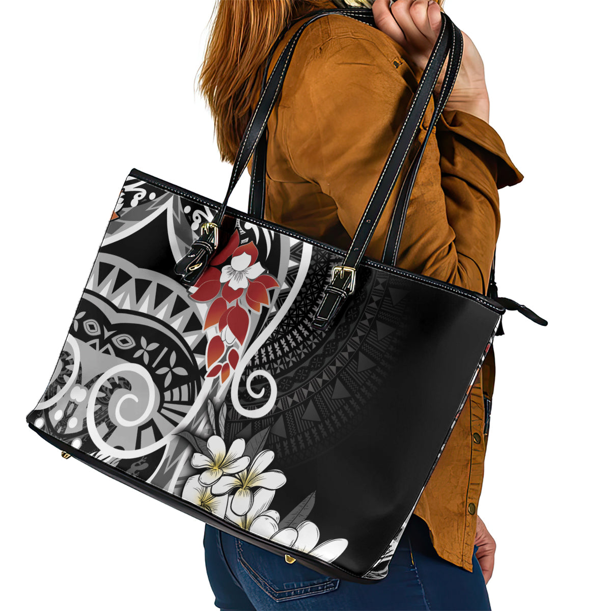Bula Fiji Tagimaucia Mix Plumeria Masi Tapa Leather Tote Bag Black