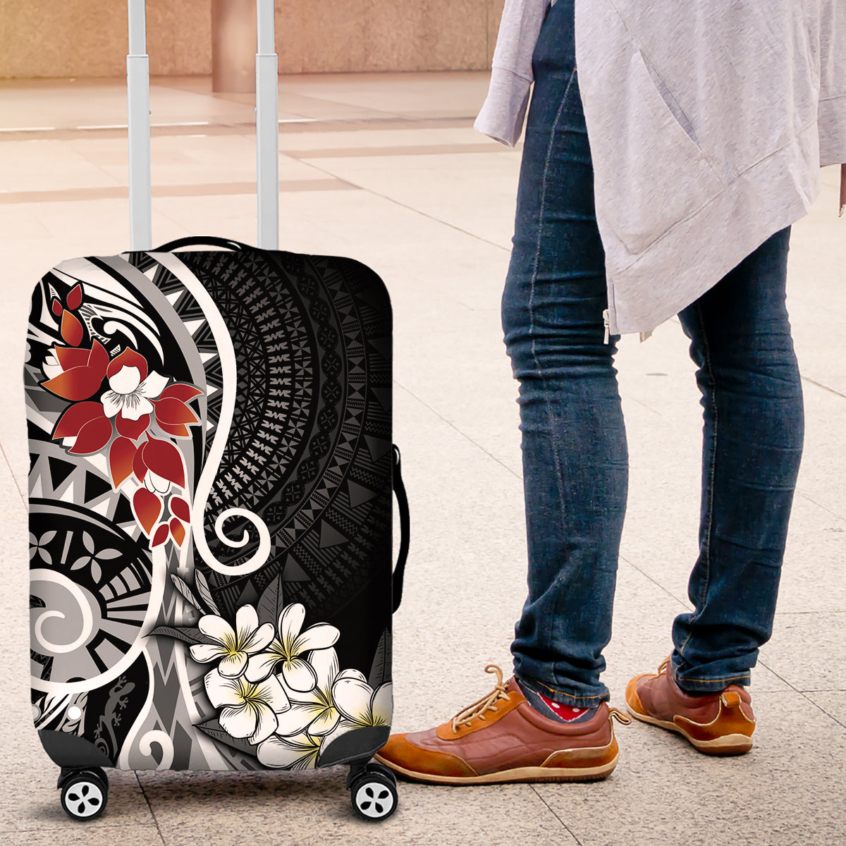 Bula Fiji Tagimaucia Mix Plumeria Masi Tapa Luggage Cover Black