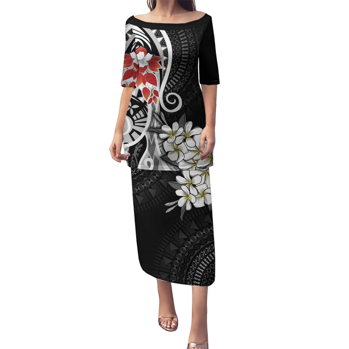 Bula Fiji Tagimaucia Mix Plumeria Masi Tapa Puletasi Black LT7 Long Dress Black - Polynesian Pride