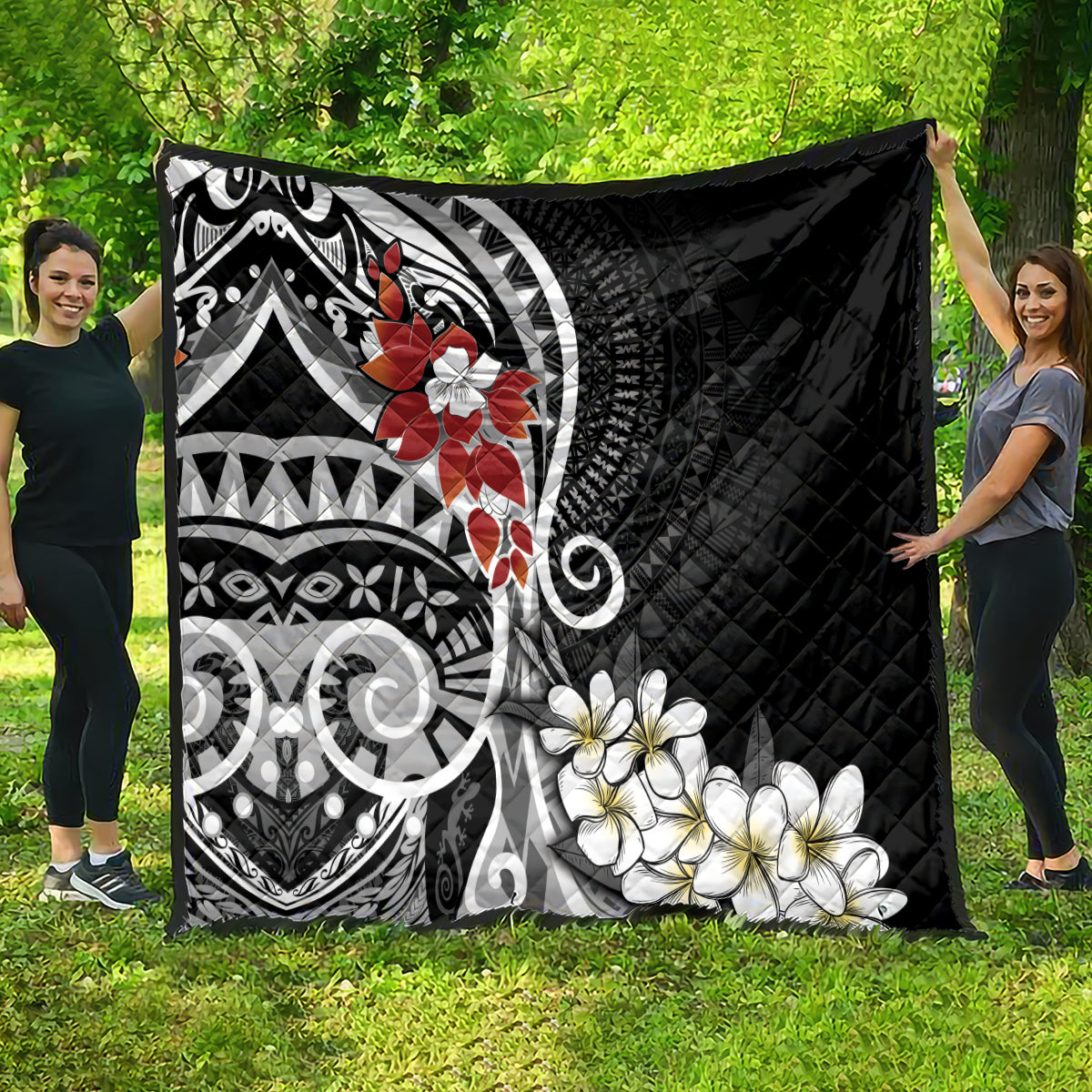 Bula Fiji Tagimaucia Mix Plumeria Masi Tapa Quilt Black