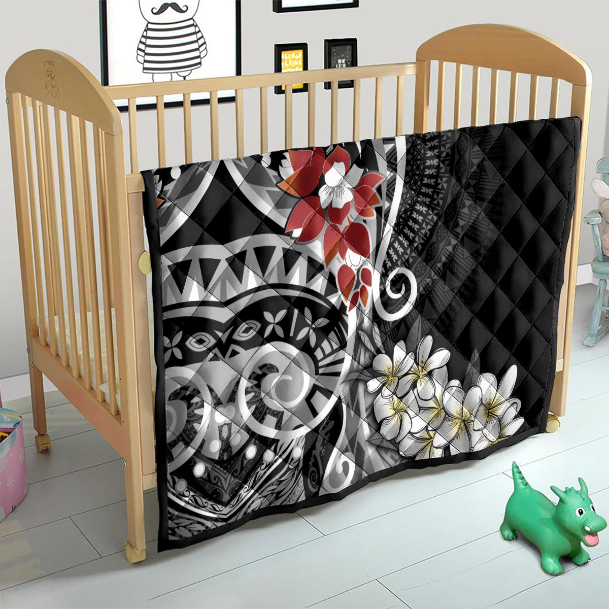 Bula Fiji Tagimaucia Mix Plumeria Masi Tapa Quilt Black