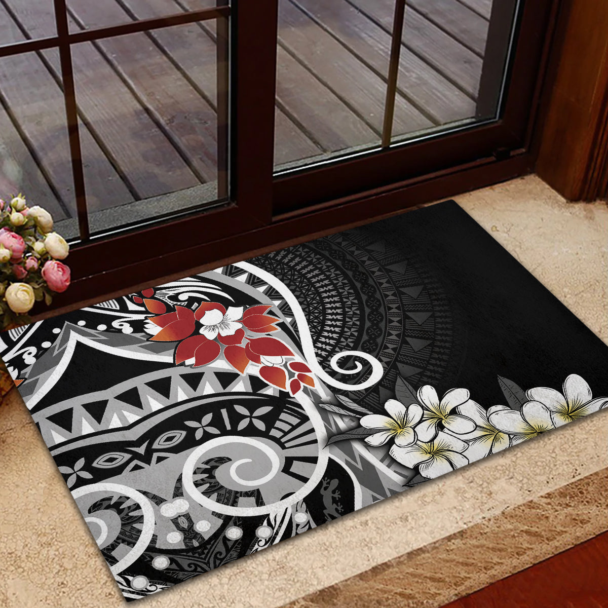Bula Fiji Tagimaucia Mix Plumeria Masi Tapa Rubber Doormat Black