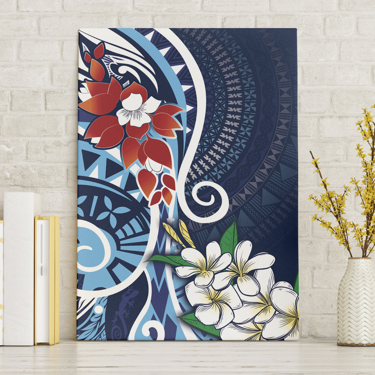 Bula Fiji Tagimaucia Mix Plumeria Masi Tapa Canvas Wall Art Blue