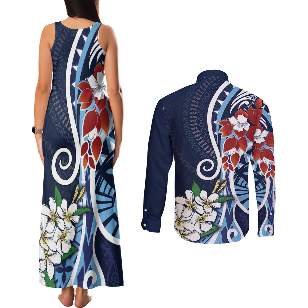 Bula Fiji Tagimaucia Mix Plumeria Masi Tapa Couples Matching Tank Maxi Dress and Long Sleeve Button Shirt Blue LT7 - Polynesian Pride