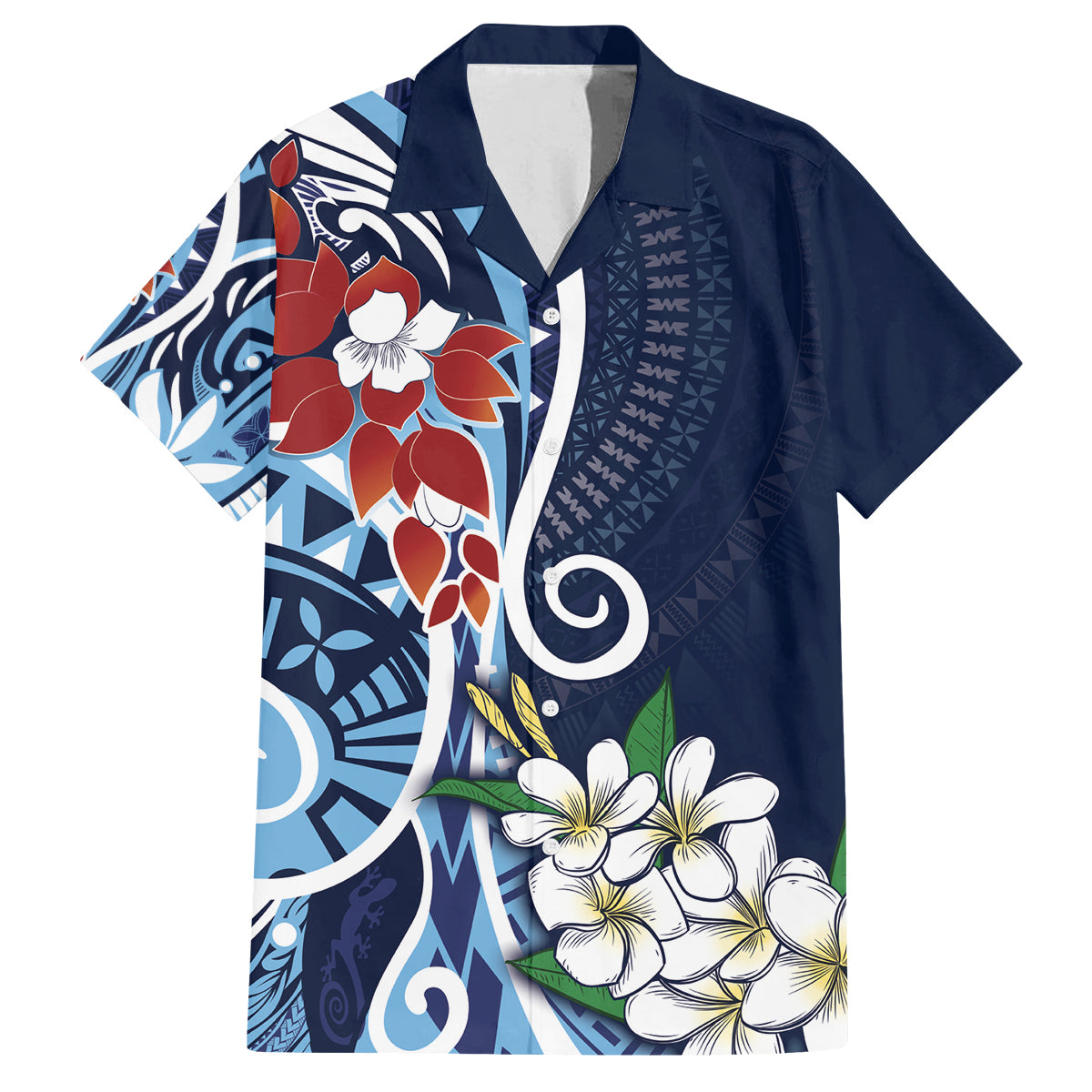 Bula Fiji Tagimaucia Mix Plumeria Masi Tapa Family Matching Off Shoulder Long Sleeve Dress and Hawaiian Shirt Blue LT7 Dad's Shirt - Short Sleeve Blue - Polynesian Pride