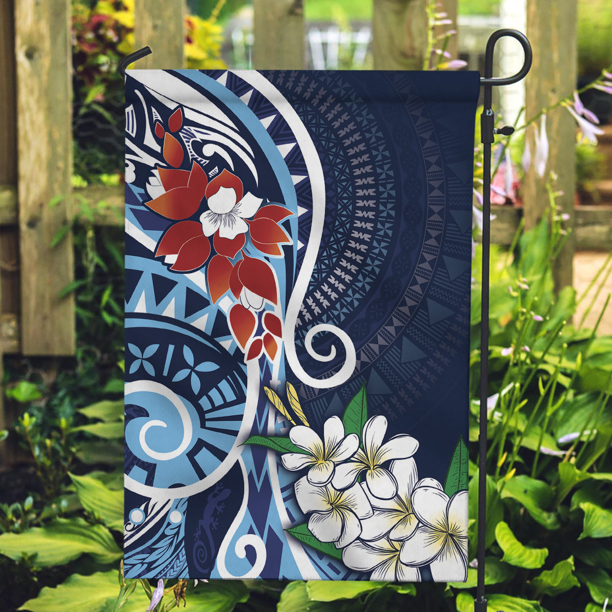 Bula Fiji Tagimaucia Mix Plumeria Masi Tapa Garden Flag Blue
