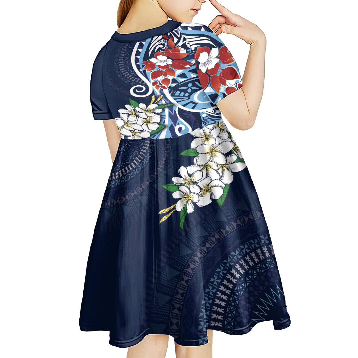 Bula Fiji Tagimaucia Mix Plumeria Masi Tapa Kid Short Sleeve Dress Blue LT7 - Polynesian Pride