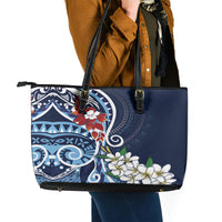 Bula Fiji Tagimaucia Mix Plumeria Masi Tapa Leather Tote Bag Blue