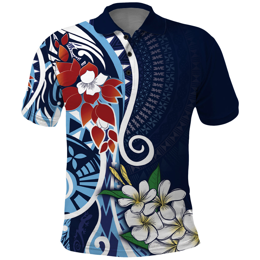 Bula Fiji Tagimaucia Mix Plumeria Masi Tapa Polo Shirt Blue LT7 Blue - Polynesian Pride