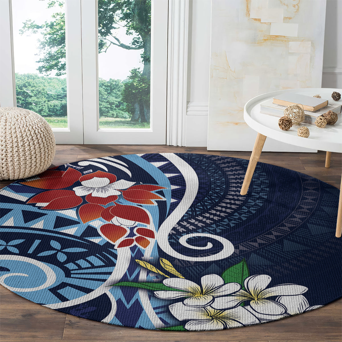 Bula Fiji Tagimaucia Mix Plumeria Masi Tapa Round Carpet Blue