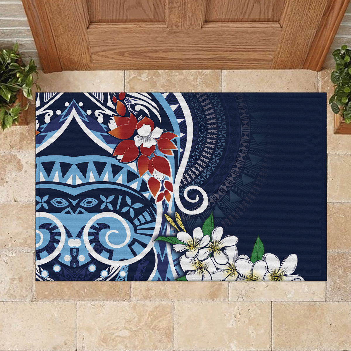 Bula Fiji Tagimaucia Mix Plumeria Masi Tapa Rubber Doormat Blue