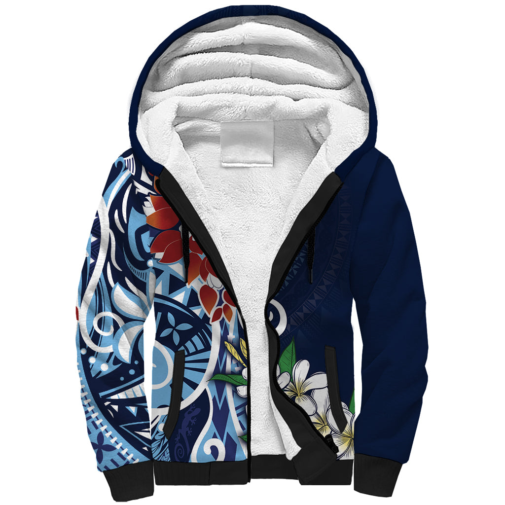 Bula Fiji Tagimaucia Mix Plumeria Masi Tapa Sherpa Hoodie Blue LT7 Unisex Blue - Polynesian Pride