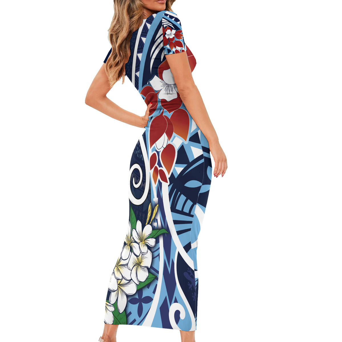 Bula Fiji Tagimaucia Mix Plumeria Masi Tapa Short Sleeve Bodycon Dress Blue LT7 - Polynesian Pride