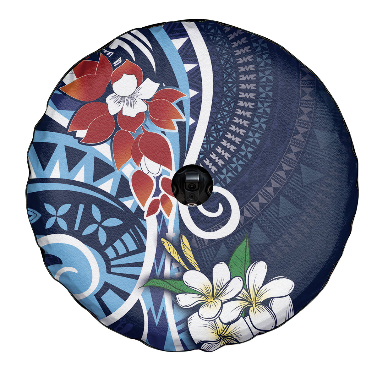 Bula Fiji Tagimaucia Mix Plumeria Masi Tapa Spare Tire Cover Blue