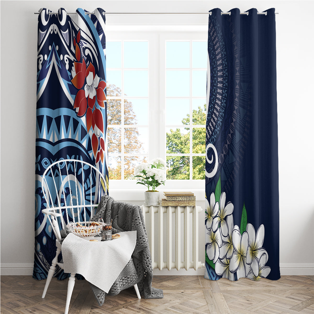 Bula Fiji Tagimaucia Mix Plumeria Masi Tapa Window Curtain Blue