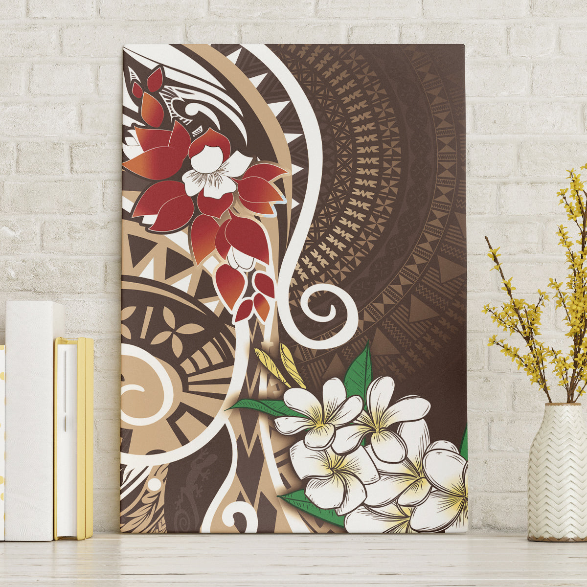 Bula Fiji Tagimaucia Mix Plumeria Masi Tapa Canvas Wall Art Brown