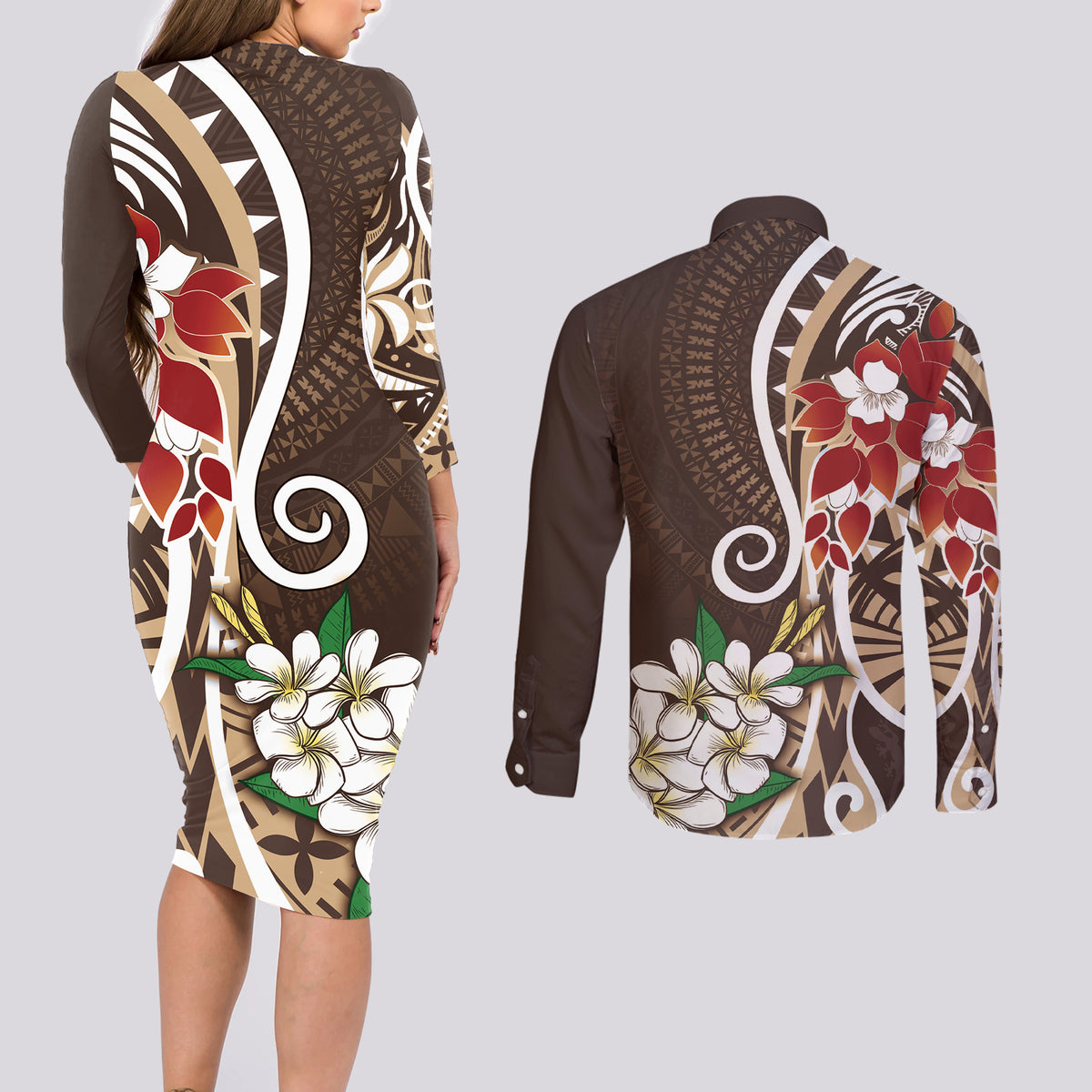 Bula Fiji Tagimaucia Mix Plumeria Masi Tapa Couples Matching Long Sleeve Bodycon Dress and Long Sleeve Button Shirt Brown LT7 - Polynesian Pride