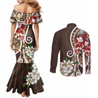 Bula Fiji Tagimaucia Mix Plumeria Masi Tapa Couples Matching Mermaid Dress and Long Sleeve Button Shirt Brown LT7 - Polynesian Pride