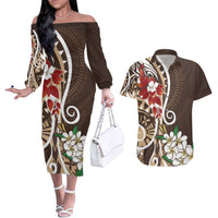 Bula Fiji Tagimaucia Mix Plumeria Masi Tapa Couples Matching Off The Shoulder Long Sleeve Dress and Hawaiian Shirt Brown LT7 Brown - Polynesian Pride