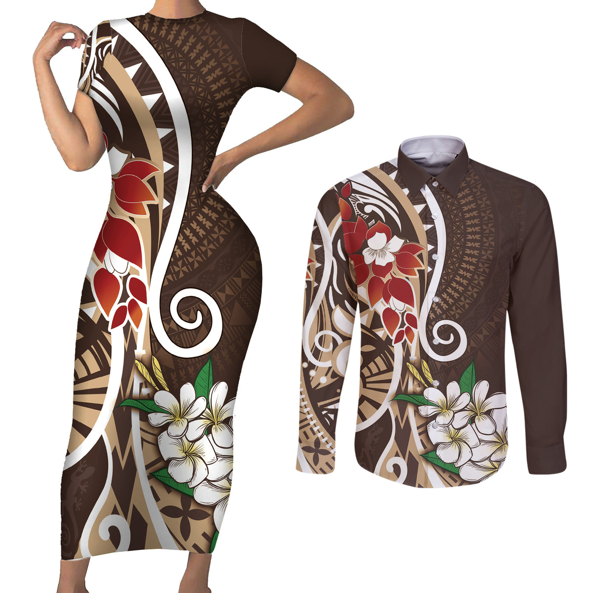 Bula Fiji Tagimaucia Mix Plumeria Masi Tapa Couples Matching Short Sleeve Bodycon Dress and Long Sleeve Button Shirt Brown LT7 Brown - Polynesian Pride