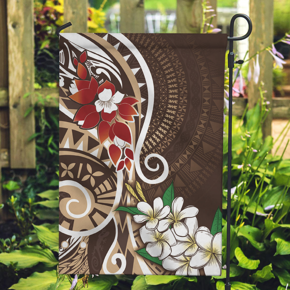 Bula Fiji Tagimaucia Mix Plumeria Masi Tapa Garden Flag Brown