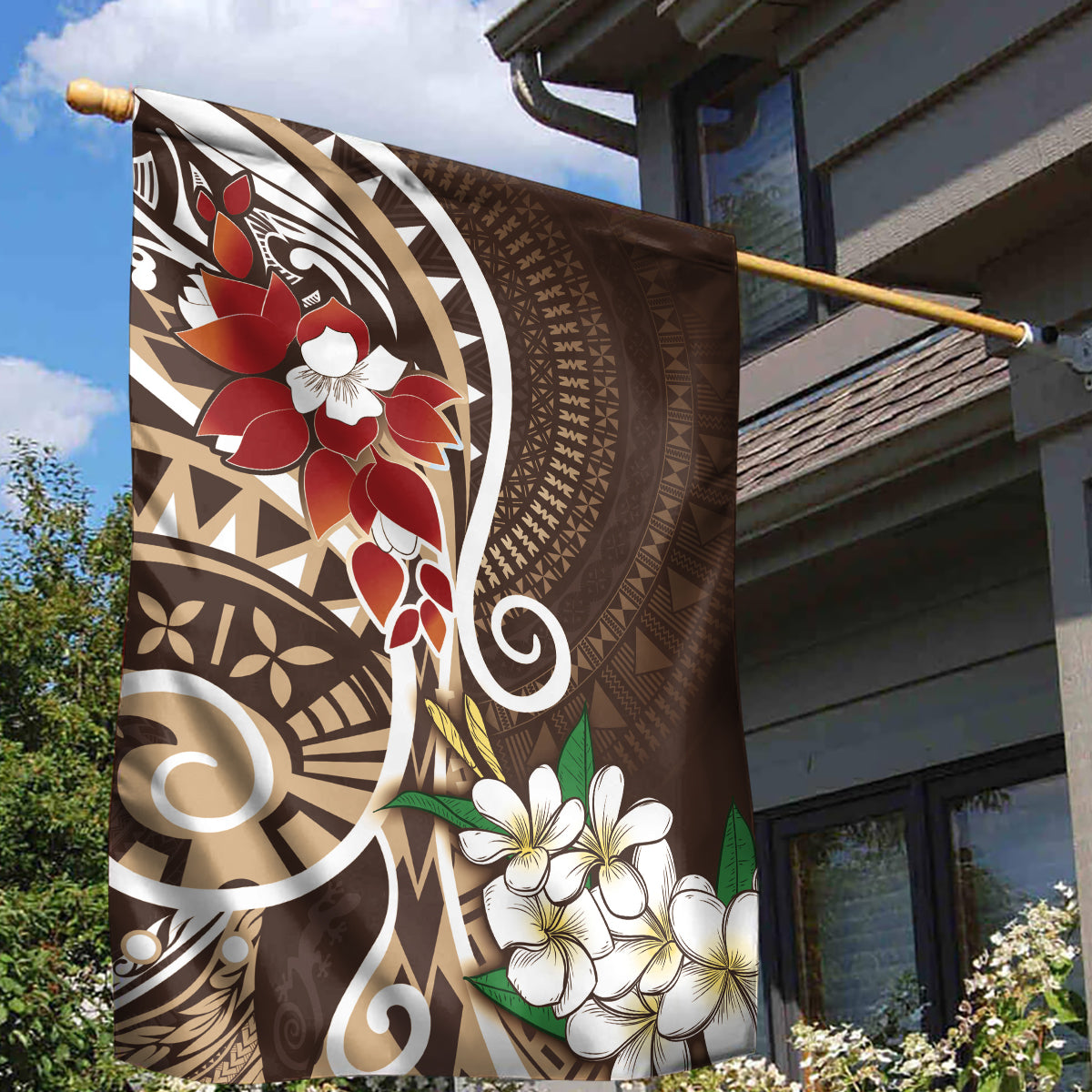 Bula Fiji Tagimaucia Mix Plumeria Masi Tapa Garden Flag Brown