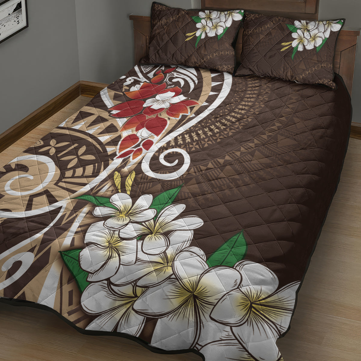 Bula Fiji Tagimaucia Mix Plumeria Masi Tapa Quilt Bed Set Brown