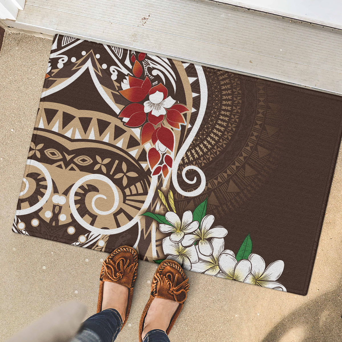 Bula Fiji Tagimaucia Mix Plumeria Masi Tapa Rubber Doormat Brown
